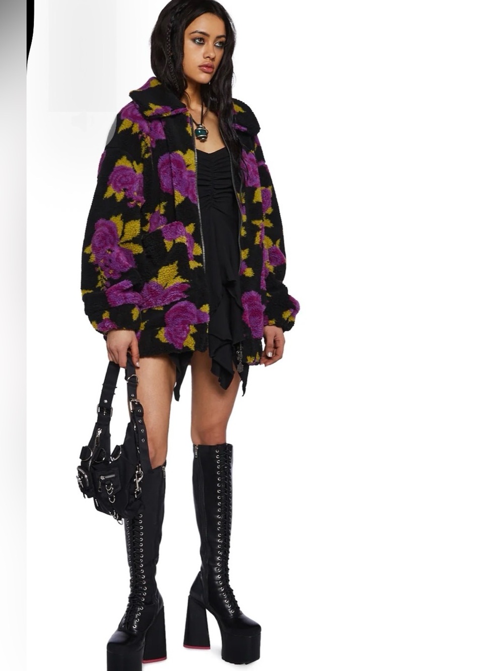 NWT Current Mood Loving Bloom Sherpa Teddy Jacket | Size L | Black Purple Floral